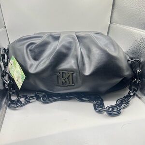 BADGLEY MISCHKA Black Vegan Leather Shoulder Bag Metal Chain Handle NWT